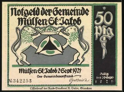 Notgeld Mülsen-St. Jakob 1921, 50 Pf, zwei Männer an einem Tisch, Löwenwappen und Schriftzüge