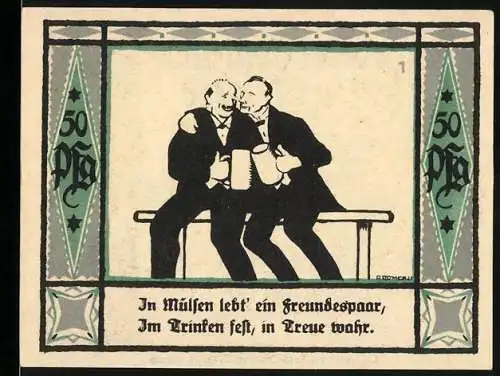 Notgeld Mülsen-St. Jacob 1921, 50 Pf, Zwei Männer mit Bierkrügen und Wappen mit Löwen