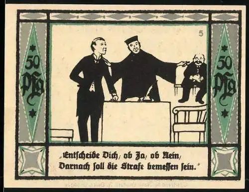 Notgeld Mülsen-St. Jakob 1921, 50 Pfennig, humorvolle Gerichtsszene und Gemeindeinformationen