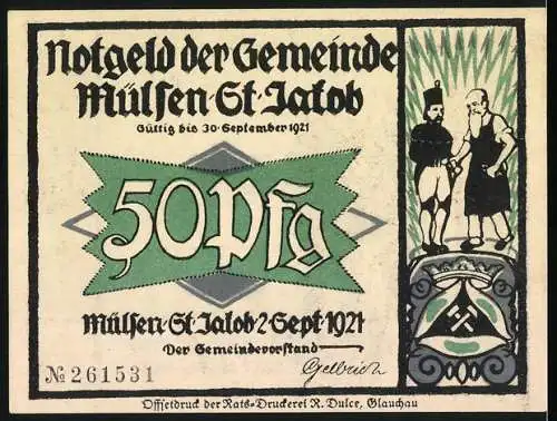 Notgeld Mülsen-St. Jacob 1921, 50 Pfennig, Gerichtsszene und Bergarbeiter