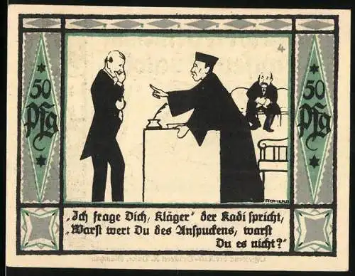 Notgeld Mülsen-St. Jakob 1921, 50 Pf, Richter mit Kläger und Angeklagtem, zwei Löwen und Wappen