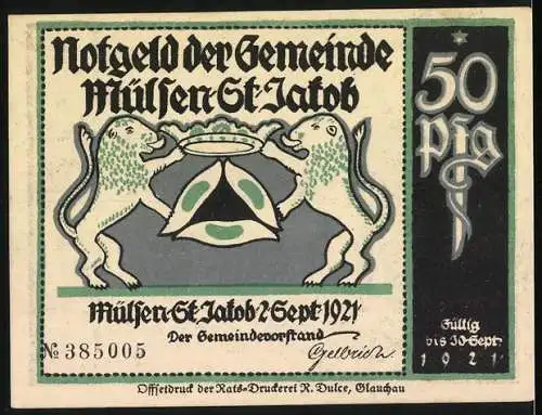 Notgeld Mülsen-St. Jakob 1921, 50 Pf, Richter mit Kläger und Angeklagtem, zwei Löwen und Wappen