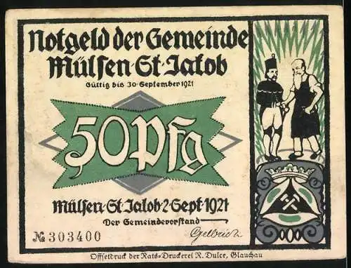 Notgeld Mülsen-St. Jakob 1921, 50 Pfennig, Zwei Männer im Gespräch, Text über Freundschaft