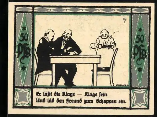 Notgeld Mülsen-St. Jakob 1921, 50 Pfennig, Klage vor Gericht und zwei Männer im Gespräch