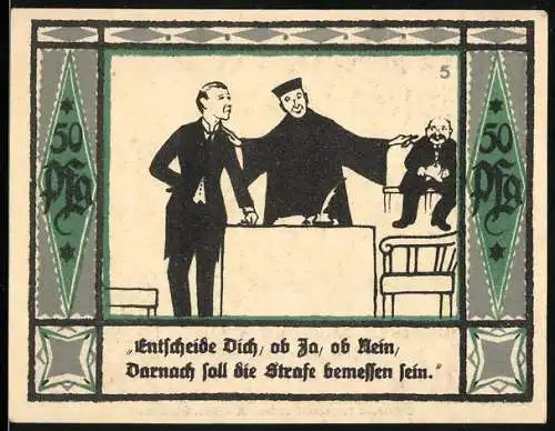 Notgeld Mülsen-St. Jakob 1921, 50 Pfennig, Illustration Gerichtszene und Dorfbewohner