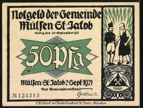 Notgeld Mülsen-St. Jakob 1921, 50 Pfennig, Illustration Gerichtszene und Dorfbewohner