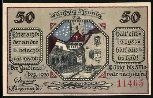 Notgeld Mainbernheim, 1920, 50 Pfennig, Gutschein der Stadt mit Stadtansicht und Ritterabbildung