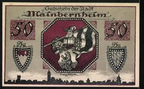 Notgeld Mainbernheim, 1920, 50 Pfennig, Gutschein der Stadt mit Stadtansicht und Ritterabbildung