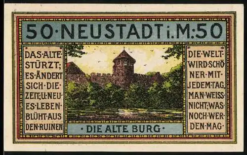 Notgeld Neustadt / Meckl., 1921, 50 Pfennig, Die Alte Burg und Porträt mit lateinischer Inschrift