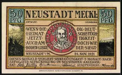 Notgeld Neustadt / Meckl., 1921, 50 Pfennig, Die Alte Burg und Porträt mit lateinischer Inschrift