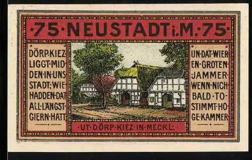 Notgeld Neustadt / Meckl. 1921, 75 Pfennig, Illustration von Gebäuden und Petrus-Motiv