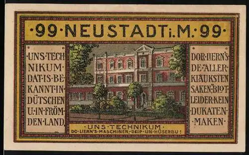 Notgeld Neustadt / Meckl., 1921, 99 Pfennig, Technikum und Rathaus, Stadtwappen in der Mitte, beidseitig illustriert