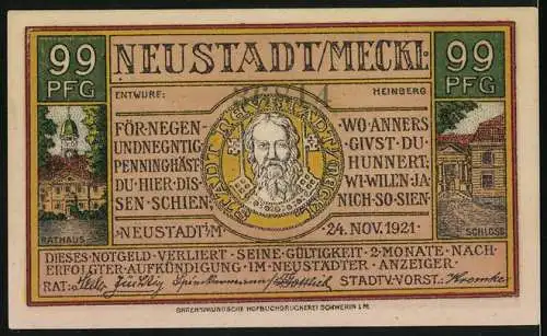 Notgeld Neustadt / Meckl., 1921, 99 Pfennig, Technikum und Rathaus, Stadtwappen in der Mitte, beidseitig illustriert