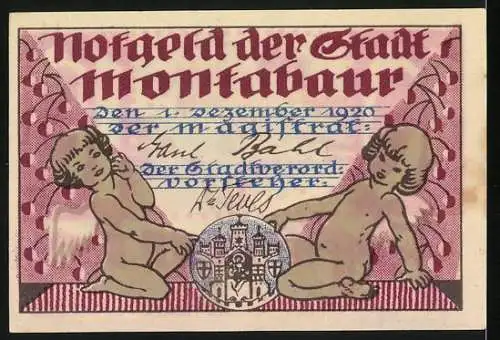 Notgeld Montabaur, 1920, 10 Pfennig, Fachwerkhaus und Putten mit Stadtwappen