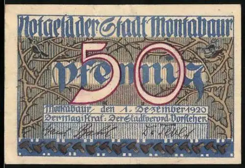 Notgeld Montabaur 1920, 50 Pfennig, Ornamentale Darstellung und Stadtwappen mit Burggraf