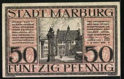 Notgeld Marburg / Lahn, 1920, 50 Pfennig, Stadtansicht, Ritterszene und Stadtwappen