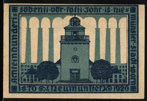 Notgeld Neumünster 1920, 50 Pfennig, Motiv mit Turm und Säulen