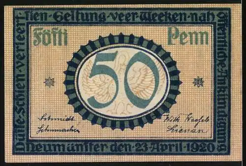 Notgeld Neumünster 1920, 50 Pfennig, Motiv mit Turm und Säulen