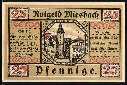 Notgeld Miesbach 1921, 25 Pfennig, Stadtansicht und Wappen, gültig innerhalb der Stadt Miesbach