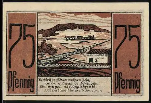 Notgeld Medebach 1922, 75 Pfennig, Landschaftsansicht mit Eisenbahn und Stadtwappen