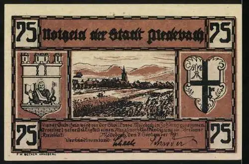 Notgeld Medebach 1922, 75 Pfennig, Landschaftsansicht mit Eisenbahn und Stadtwappen