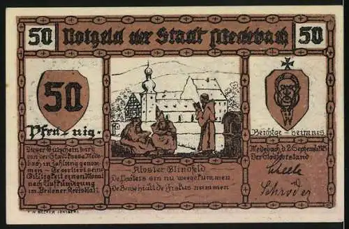 Notgeld Merseburg, 1921, 50 Pfennig, Bauer bei der Feldarbeit vor Stadtansicht und Kloster mit Mönchen