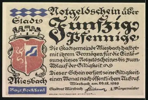 Notgeld Miesbach 1920, 50 Pfennig, Stadtansicht mit traditioneller Tracht und Wappen