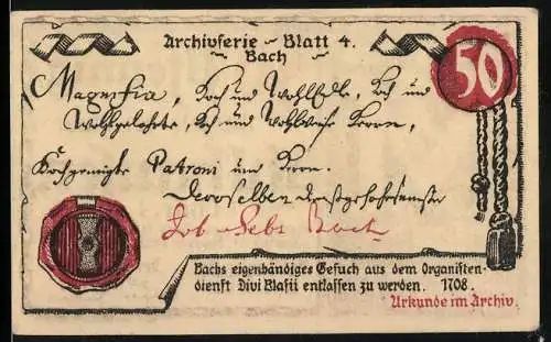 Notgeld Mühlhausen (Thür), 1921, 50 Pfennig, Archivserie-Blatt 4 Bach, gültig bis 31. Oktober 1921