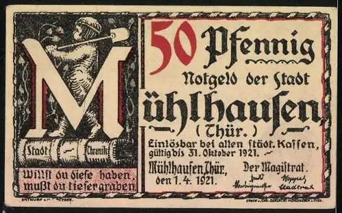 Notgeld Mühlhausen (Thür), 1921, 50 Pfennig, Archivserie-Blatt 4 Bach, gültig bis 31. Oktober 1921