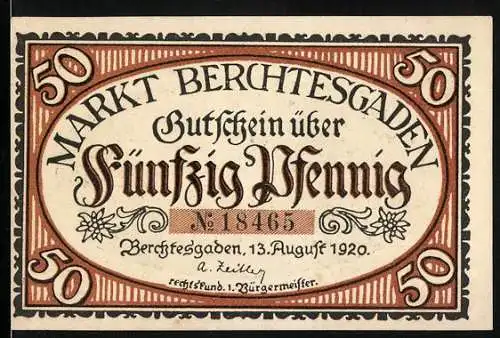 Notgeld Berchtesgaden, 1920, 50 Pfennig, Gutschein über Fünfzig Pfennig, Stadtansicht mit Friedensbotschaft