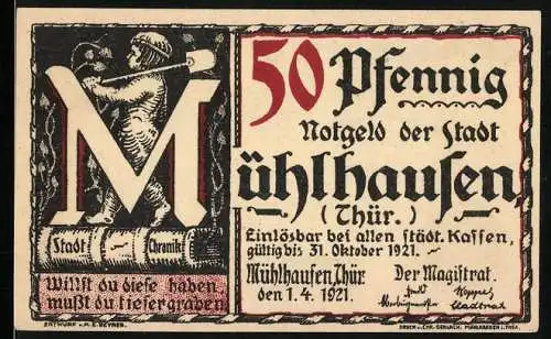 Notgeld Mühlhausen (Thür), 1921, 50 Pfennig, Einlösbar bei allen städt. Kassen bis 31. Oktober 1921, Rückseite Bach