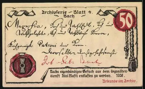 Notgeld Mühlhausen (Thür), 1921, 50 Pfennig, Einlösbar bei allen städt. Kassen bis 31. Oktober 1921, Rückseite Bach