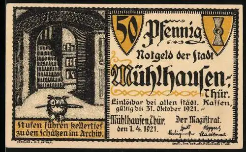 Notgeld Mühlhausen / Thür. 1921, 50 Pfennig, Stufen führen kellertief zu den Schätzen im Archiv, Tilly Archivserie