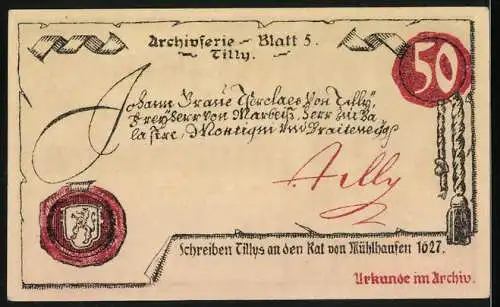 Notgeld Mühlhausen / Thür. 1921, 50 Pfennig, Stufen führen kellertief zu den Schätzen im Archiv, Tilly Archivserie