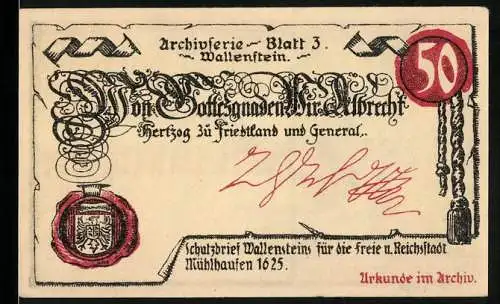 Notgeld Mühlhausen / Thür. 1921, 50 Pfennig, Archivausgabe Blatt 3 mit Stadtansicht und Schutzbrief Wallensteins