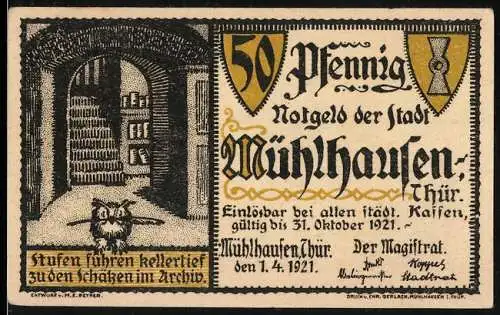 Notgeld Mühlhausen / Thür., 1921, 50 Pfennig, Stadttor und Karl V. Urkunde im Archiv