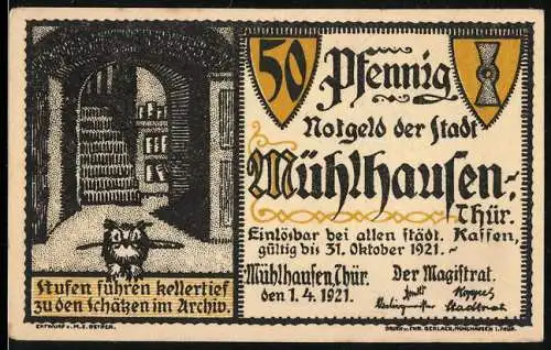 Notgeld Mühlhausen / Thür. 1921, 50 Pfennig, Stadtarchiv und Schutzbrief Wallensteins für Mühlhausen 1625