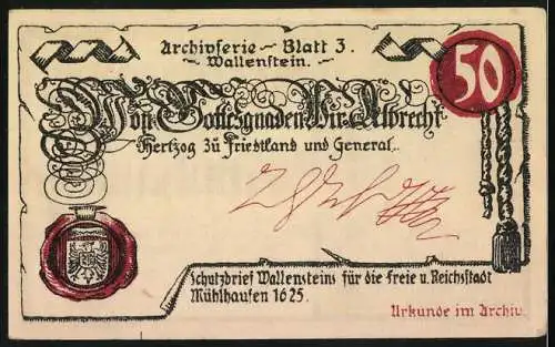 Notgeld Mühlhausen / Thür. 1921, 50 Pfennig, Stadtarchiv und Schutzbrief Wallensteins für Mühlhausen 1625