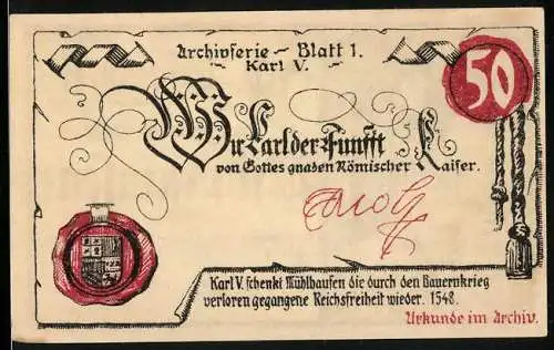 Notgeld Mühlhausen / Thür. 1921, 50 Pfennig, Archivserie Blatt 1 Karl V., Stadtansicht mit Eule und Archiv