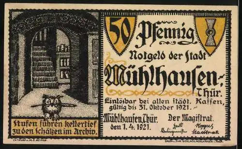 Notgeld Mühlhausen / Thür. 1921, 50 Pfennig, Archivserie Blatt 1 Karl V., Stadtansicht mit Eule und Archiv