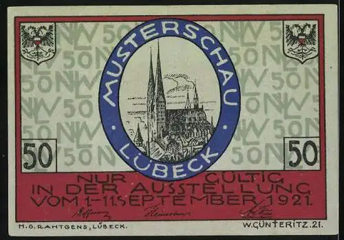 Notgeld Lübeck 1921, 50 Pfennig, Nordische Woche Musterschau, Lübecker Kirche, Ausstellung 1-11 September