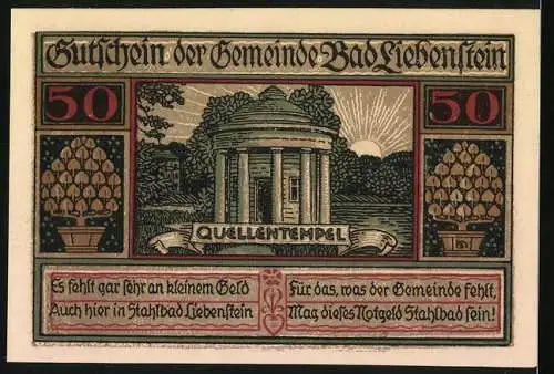 Notgeld Bad Liebenstein, 50 Pf, Ansicht von Bad Liebenstein und Quellentempel, Text Bessere Herz und Nerven