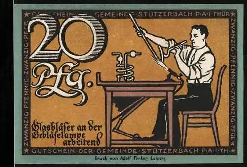 Notgeld Stützerbach, 1921, 20 Pfennig, Glasbläser an der Gebläseflamme arbeitend