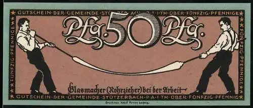 Notgeld Stützerbach, 1921, 50 Pfennig, Glasmacher bei der Arbeit und Hühnerwappen, Weihnachten 1921