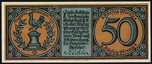 Notgeld Stützerbach, 1921, 50 Pfennig, Glasmacher bei der Arbeit und Hühnerwappen, Weihnachten 1921