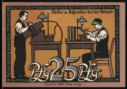 Notgeld Stützerbach 1921, 25 Pfennig, Teiler & Schreiber bei der Arbeit, Gemeindewappen