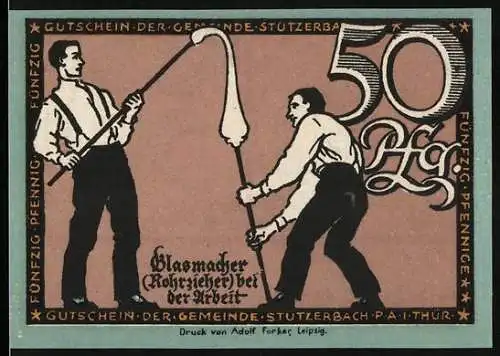 Notgeld Stützerbach 1921, 50 Pfennig, Glasmacher bei der Arbeit und Wappen mit Hahn und Lorbeerkranz