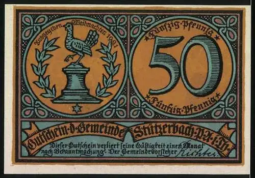 Notgeld Stützerbach 1921, 50 Pfennig, Glasmacher bei der Arbeit und Wappen mit Hahn und Lorbeerkranz