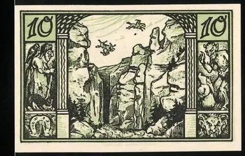 Notgeld Thale - Harz, 1921, 10 Pfennig, grüne Illustration mit Berglandschaft und Wappen