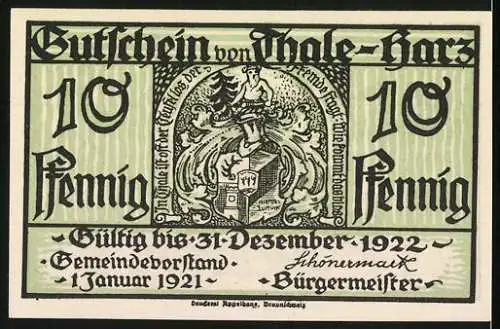 Notgeld Thale - Harz, 1921, 10 Pfennig, grüne Illustration mit Berglandschaft und Wappen